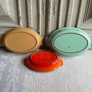 French vintage cast iron small pan, SINGLE enamelled egg dishes, CHOOSE oven dish, retro orange, green, brown 1970&#39;s, cookware Le Creuset