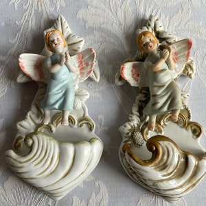 Antique French Holy water font,  LARGE Benitier porcelain Lourdes souvenir crucifix gold detailed, CHOOSE 1920&#39;s multicoloured memorabilia