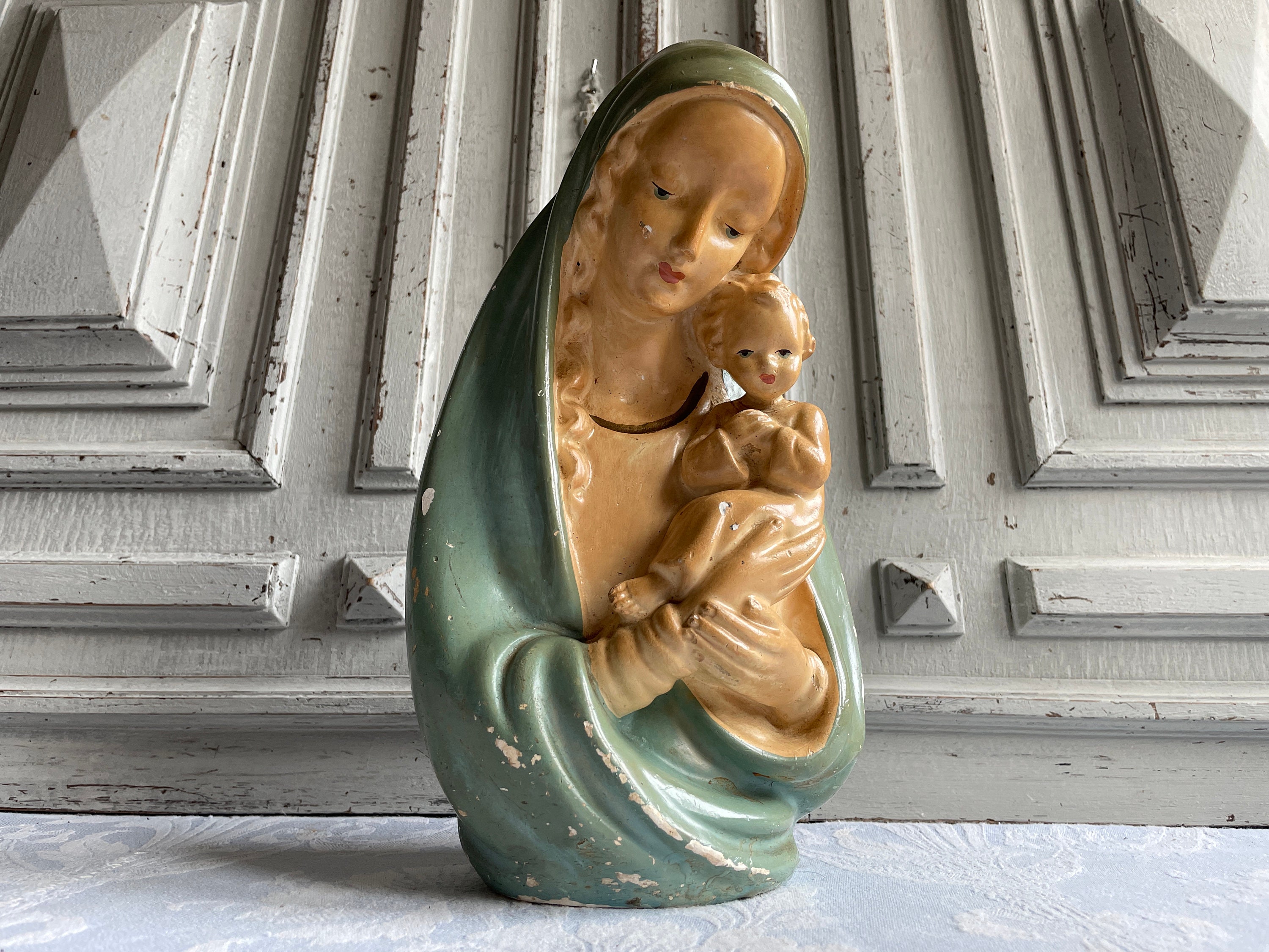 Français Antique Statue en Plâtre de Marie, Vierge à Vierge, Figurine Vintage Des Années 1930 Couleu