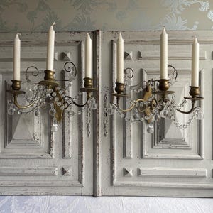 2 Antique brass wall candle holders crystal sconces Empire French Napoleon brass candlesticks wall sconces pair ornate 3 armed candles (S)
