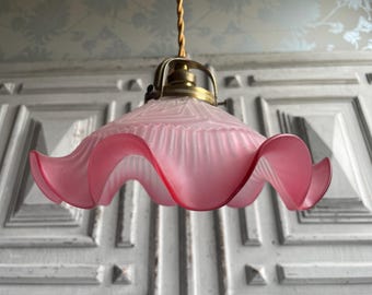 Antique French Pink glass ceiling shade dark pink opaque frosted lampshade Art Deco light 1920&#39;s vintage French chic original authentic (E)