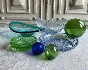 French vintage green or blue glass bowl, CHOOSE single glass dish, turquoise blue glass fruit bowl, display dish compotier vintage 1960's