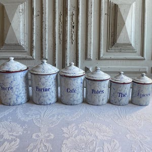 French Enamel storage canisters set of 6 Art Deco 1930&#39;s blue marbled mottled vintage kitchen storage complete set tins Genuine collectable