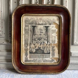 Antique French First Communion souvenir 1869 framed souvenir print genuine Catholic antique Baptism parchment divine religious memorabilia