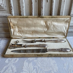 Antique French carving set boxed Paris engraved silver ornate serving knife, Joint grip Fork silver plated, French silverware, Wedding gift