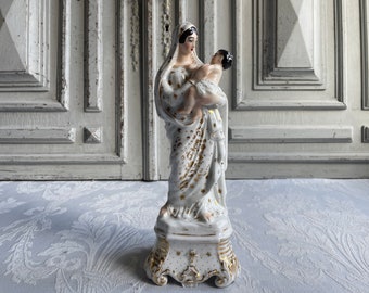 Antique French Religious statue, Madonna and child 1880's white porcelain gold religious Mary our Lady Lourdes souvenir genuine memorabilia