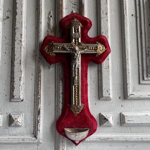 Antique French Red velvet wall crucifix MEDIUM Holy water font benitier, Catholic memorabilia silver and pewter filigree work Lourdes 1900&#39;s