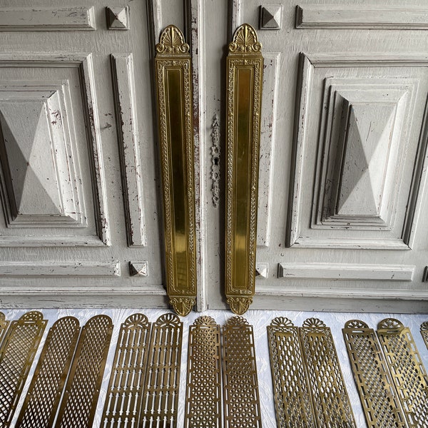 Antique brass push plates, PAIR Extra LONG grills, 20" door finger plates, French door hardware ornate decorative detailing period features