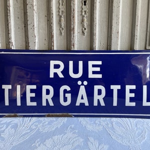 Antique French enamel street sign, blue and white antique 1920&#39;s vintage &quot;Rue Tiergärtel&quot;, genuine enamelled Industrial Loft Interiors.