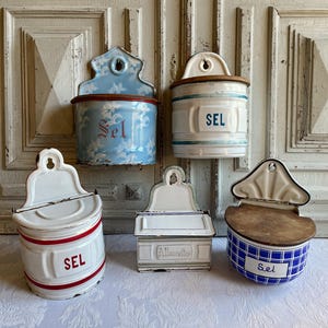 A French vintage enamel salt / sel tin, SINGLE blue white enamelware kitchenalia tin CHOOSE antique country kitchen, useable storage box.