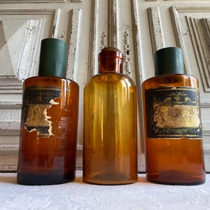 3 Antique French apothecary bottles 1900&#39;s Brown pharmacy labels rare divine antique chemist medicine, herbal, pharmacy, antique collectable
