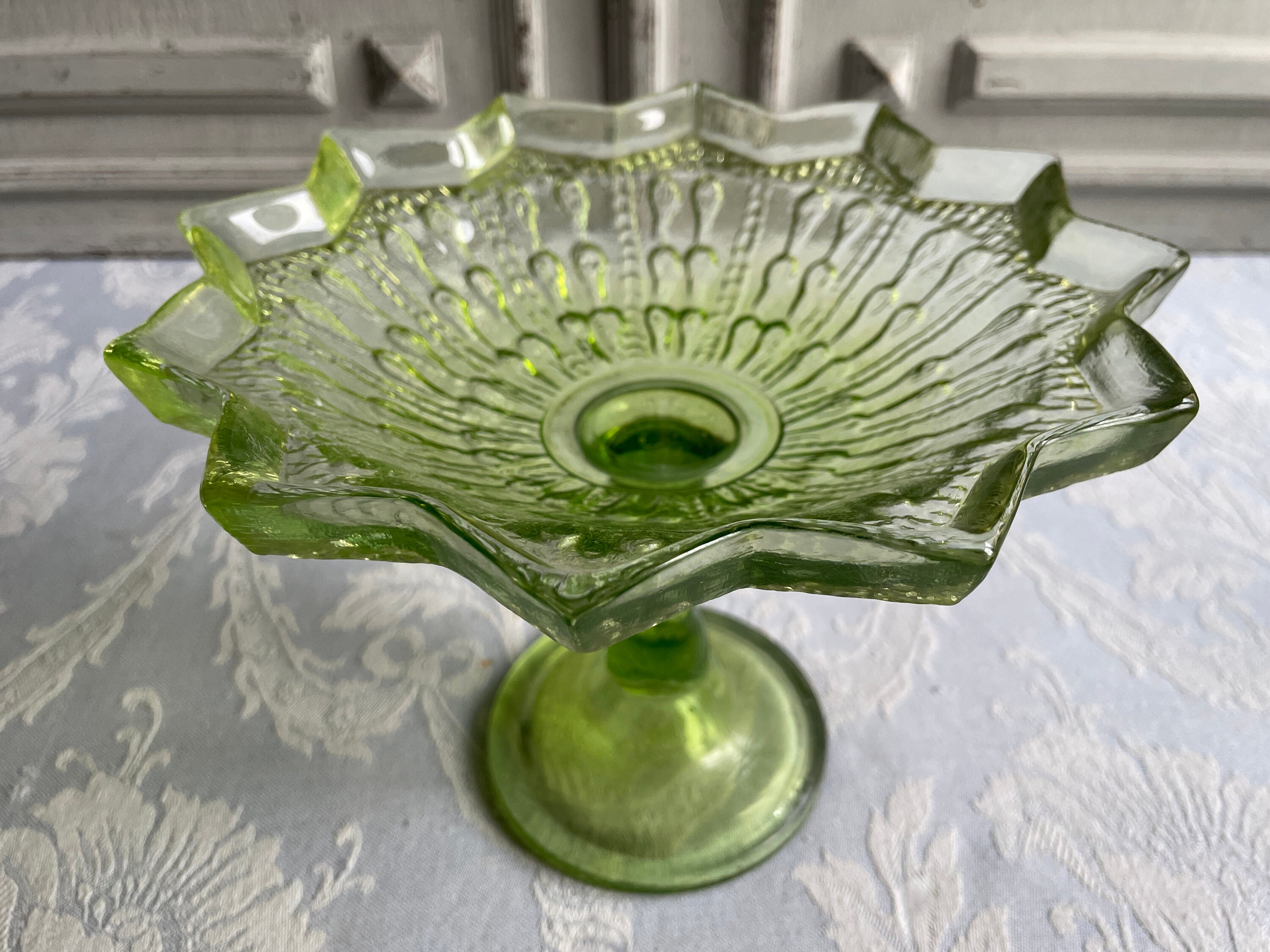 Antique Français Stand de Gâteaux en Verre Vert, Bol Fruits Vintage Assiette à Cupcake Présent Plat 