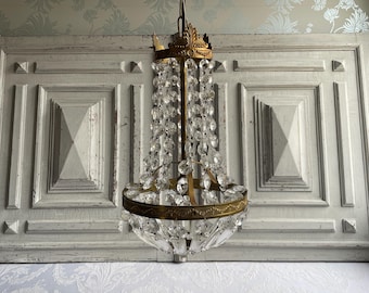 Antique crystal glass chandelier ceiling light Montgolfiere brass chandelier lamp, &quot;Hot air Balloon&quot; glass ceiling light original 1940&#39;s (K)