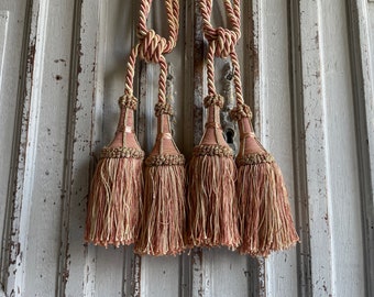 2 French Vintage curtain tiebacks, pink and white tassels, silky pink and cream French 1960's curtain holdbacks, passementerie, pom poms.