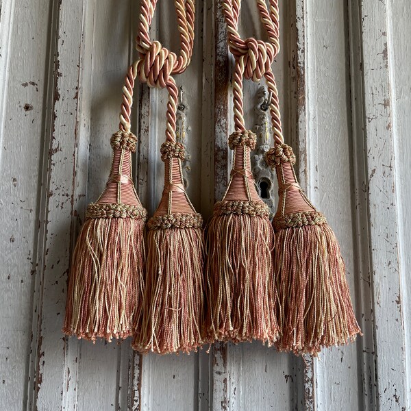 2 French Vintage curtain tiebacks, pink and white tassels, silky pink and cream French 1960's curtain holdbacks, passementerie, pom poms.