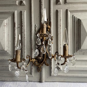 Antique brass wall sconce SINGLE LARGE crystals Empire French Napoleon brass chandelier wall sconce ornate light 3 armed candle authentic