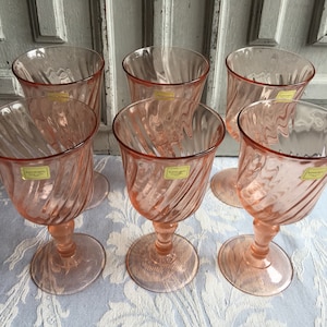 6 Rosaline French Vintage WATER glasses Pink depression glass, Large Arcoroc, pink glassware, salmon pink, set 6 retro swirl Luminarc 1960&#39;s