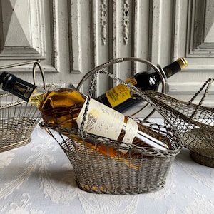 French vintage wine bottle pourer, carrier, SINGLE basket, decanter, silver steel, antique country kitchen, rustic vintage industrial loft