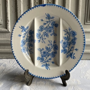 Ironstone Asparagus plate, Vintage French transferware blue floral plate, hand painted Salins porcelain, authentic, country kitchen chic.