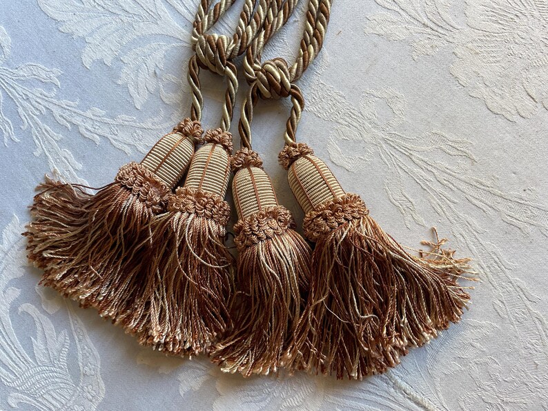 French Vintage Curtain Tiebacks, Chocolate Brown and White French Pair