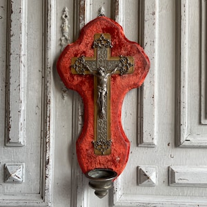 Antique French Red velvet wall crucifix, ancient Holy water font benitier, Catholic memorabilia brass and gold filigree work, Lourdes 1870&#39;s