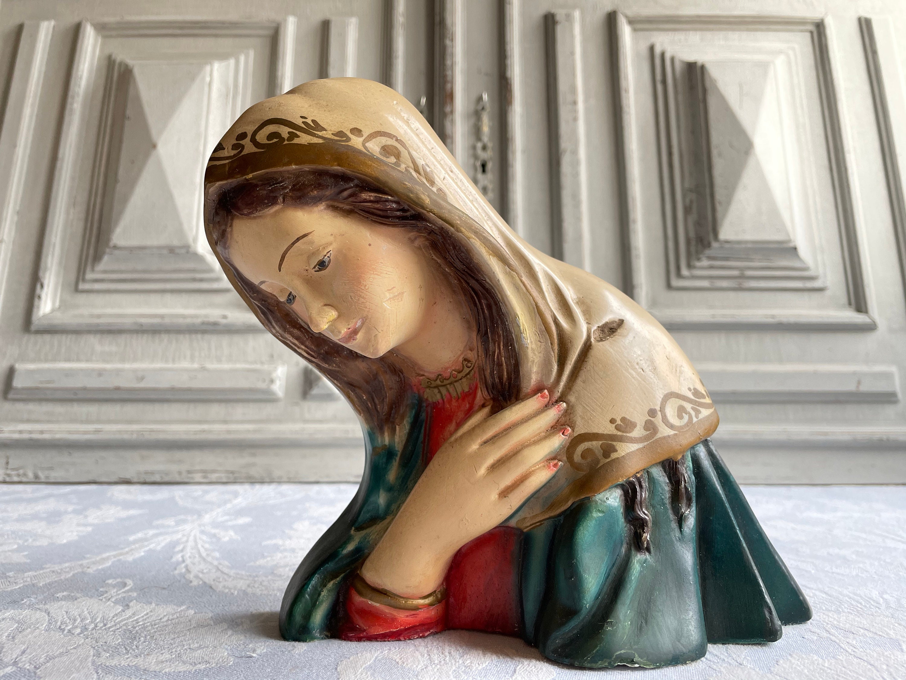 Français Statue Antique de Marie à La Craie, Madone, Vintage Des Années 1930 Robe Tête Figure en Plâ