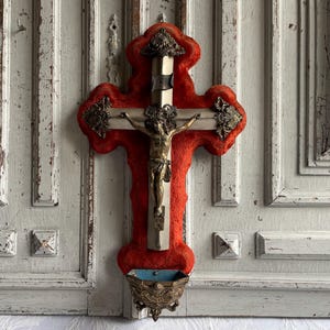 Antique French Red velvet wall crucifix LARGE Holy water font benitier, Catholic memorabilia silver and pewter filigree work Lourdes 1900&#39;s