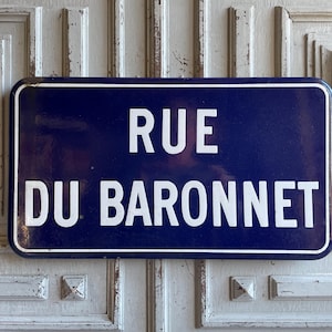 Vintage French enamel street sign blue and white antique SINGLE 1920&#39;s vintage &quot;Rue Du Baronnet&quot; genuine enamelled Industrial Loft Interiors