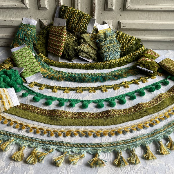 French vintage trims, various GREEN trimmings CHOOSE lengths braids finishing edging trims haberdashery passementerie upholstery cushions