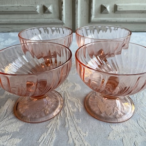 4 Pink French vintage depression glass bowls Arcoroc footed desert bowls Luminarc dishes ice cream coupes, glassware, &quot;Rosaline&quot; retro swirl
