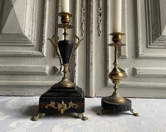 Antique French brass black marble candlestick, CHOOSE SINGLE candle holder free standing celebration table candle sticks 1880 verdigris