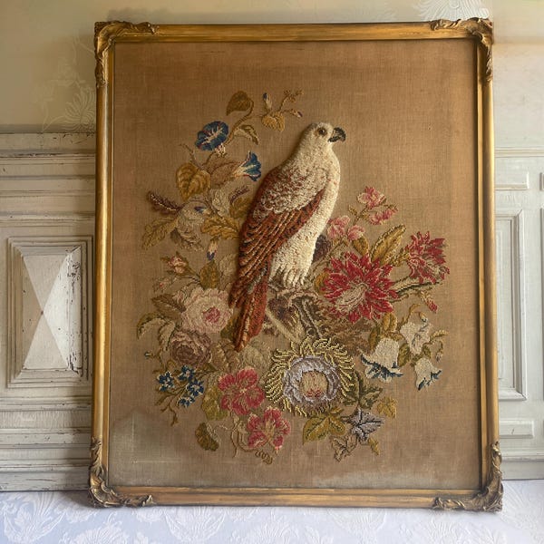 Antique French embroidery, bird and floral hand embroidered picture silk & cotton, beaded details gold gilt framed handmade exquisite 1880's