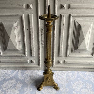 Antique French church Altar candlestick, SINGLE HUGE (23") Altar brass bronze candelabra celebration tripod foot Verdigris candle holder (B)