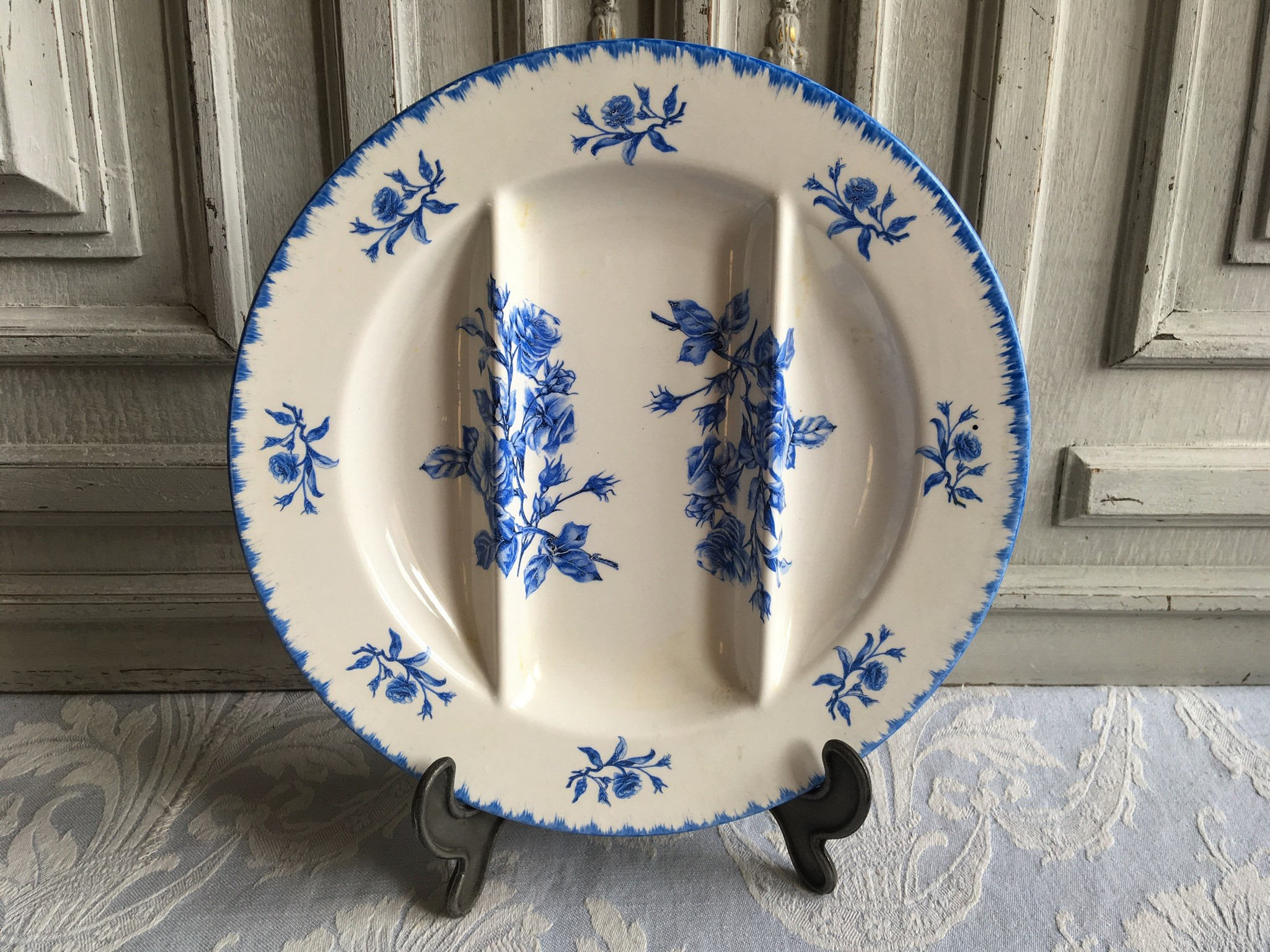 Assiette d'asperges Ironstone, Français Plaque Florale Bleue Transferware, Porcelaine Salins Peinte 