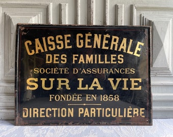 Antique French advertising sign 1880's Life Insurance publicity, Black and gold Toleware tole pressed metal sign Industrial Loft authentic