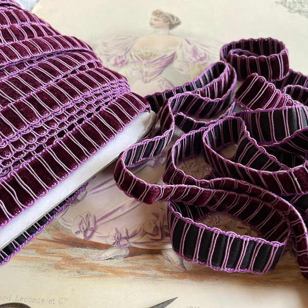 Antique French trim purple velvet velours trimming, 2yds vintage violet passementerie historical costume reenactment haberdashery upholstery