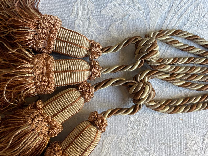French Vintage Curtain Tiebacks, Chocolate Brown and White French Pair