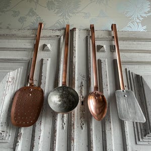 French vintage copper kitchen utensils 1960&#39;s French kitchen, set of 4 tin lined brass and copper utensils, Rustic authentic country kitchen