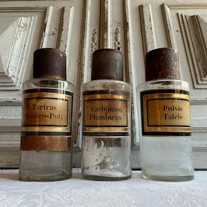 3 Antique French apothecary bottles 1900&#39;s clear pharmacy labels rare divine antique chemist medicine herbal pharmacy antique collectable