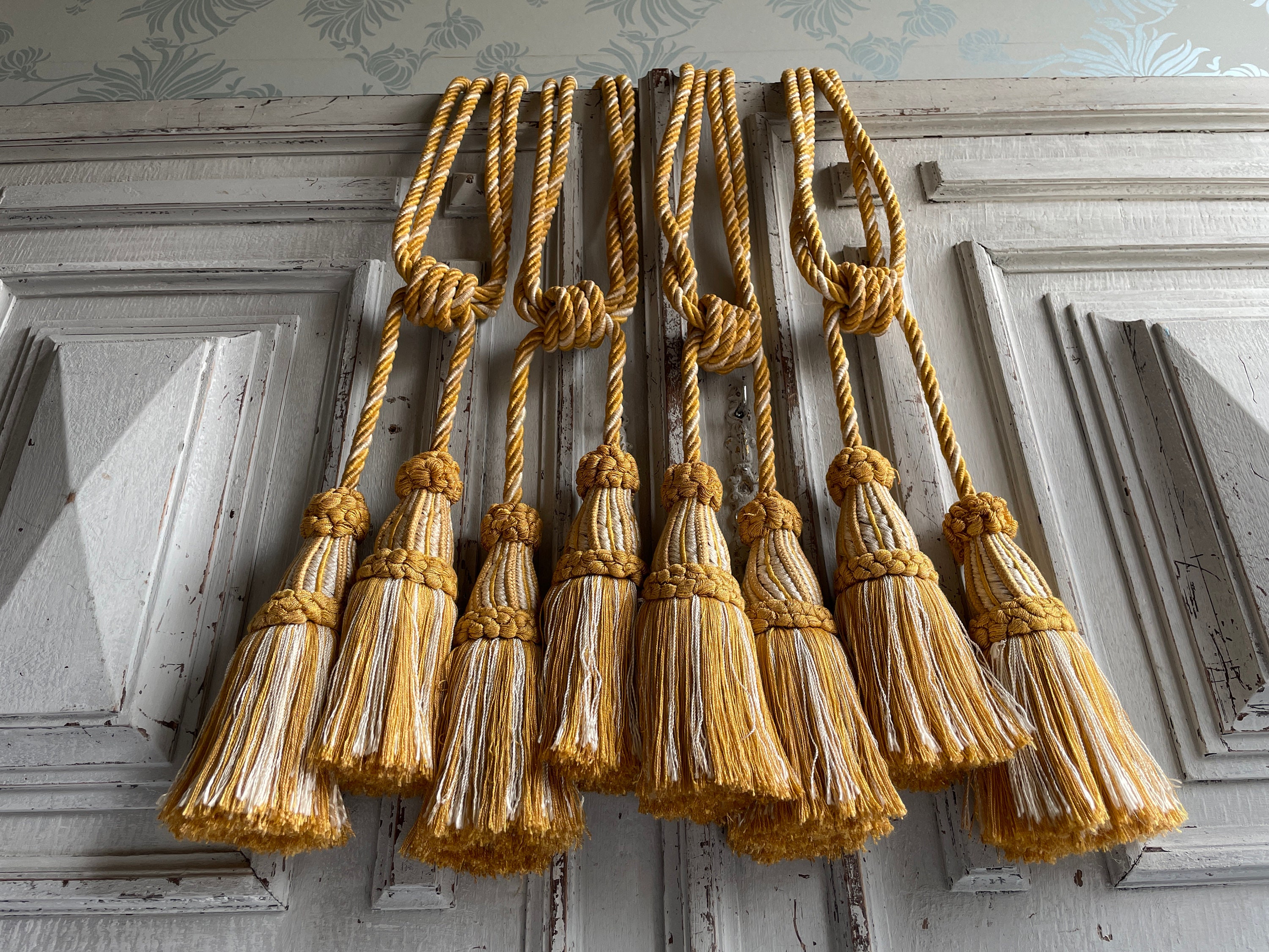 2 Français Cravates de Rideau en Or Vintage, Paire Jaune Moutarde et Blanc Retenues Des Années 1950