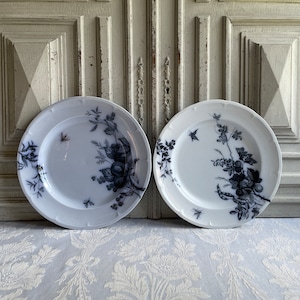 Antique French Ironstone serving platter, 12&quot; ROUND transferware dark Indigo blue plate, SINGLE transferware dinner plate authentic 1880&#39;s