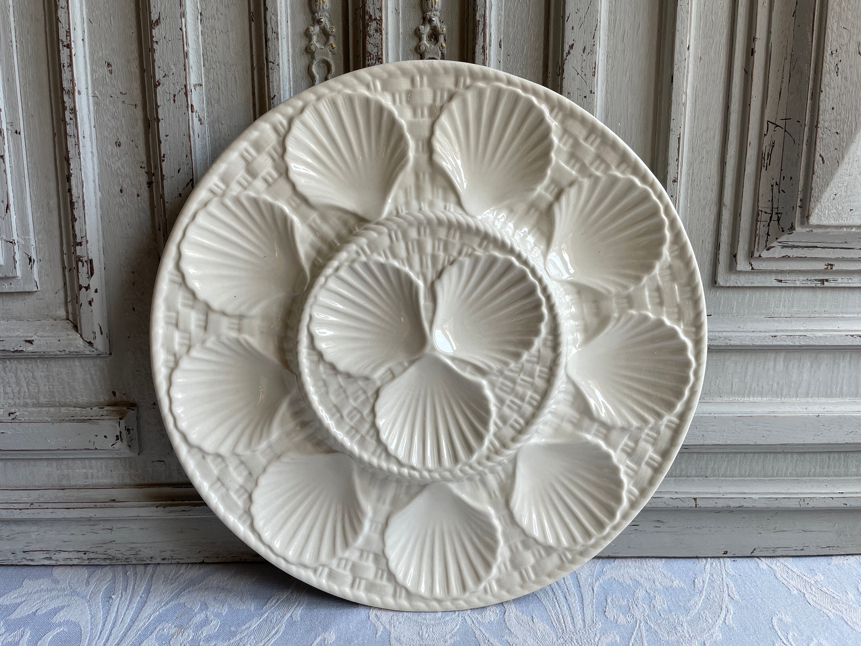 Plateau d'huîtres Vintage Français Blanc Longchamp Plat d'assiette de Service Barbotine Céramique Fr