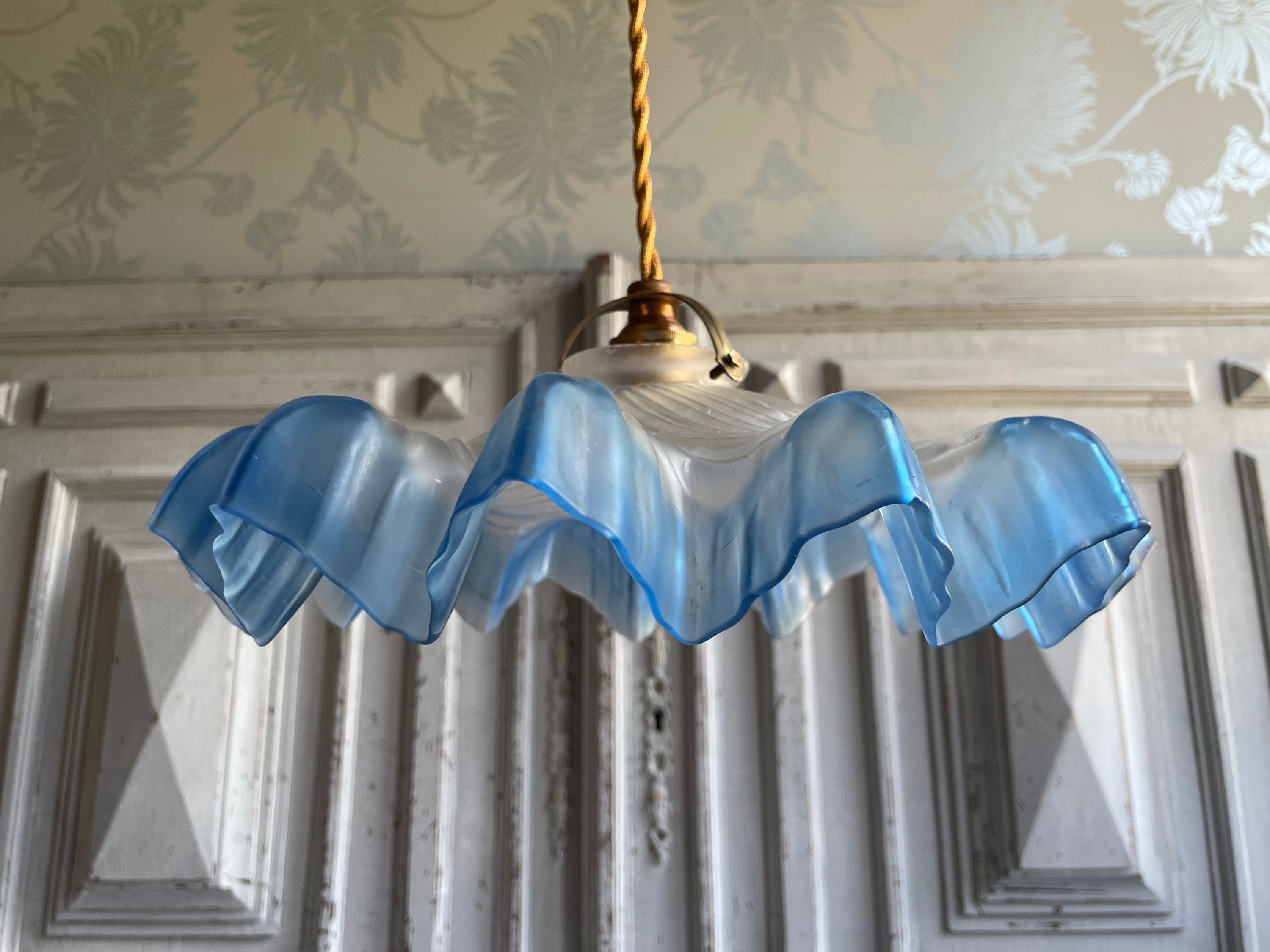 Antique French blue glass ceiling shade frosted glass lamp Etsy