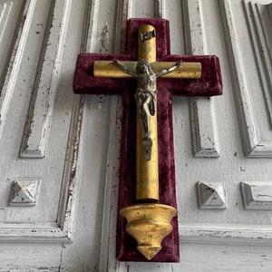 Antique French Red velvet wall crucifix, HUGE Holy water font benitier, Catholic memorabilia brass and gold filigree work, Lourdes 1880&#39;s