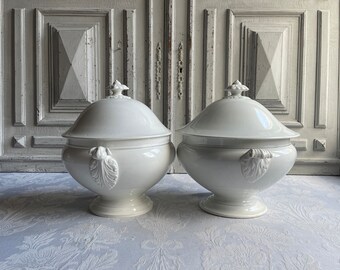 2 Antique French Ironstone soup tureens PAIR lidded soupière soup bowls classic cream design Sarreguemines authentic 1800 serving fruit bowl