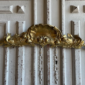 Antique French bronze pediment, LARGE brass Fronton, winged Picture Furniture Gold Hardware Gilt Ornament Decoration Architectural Salvage
