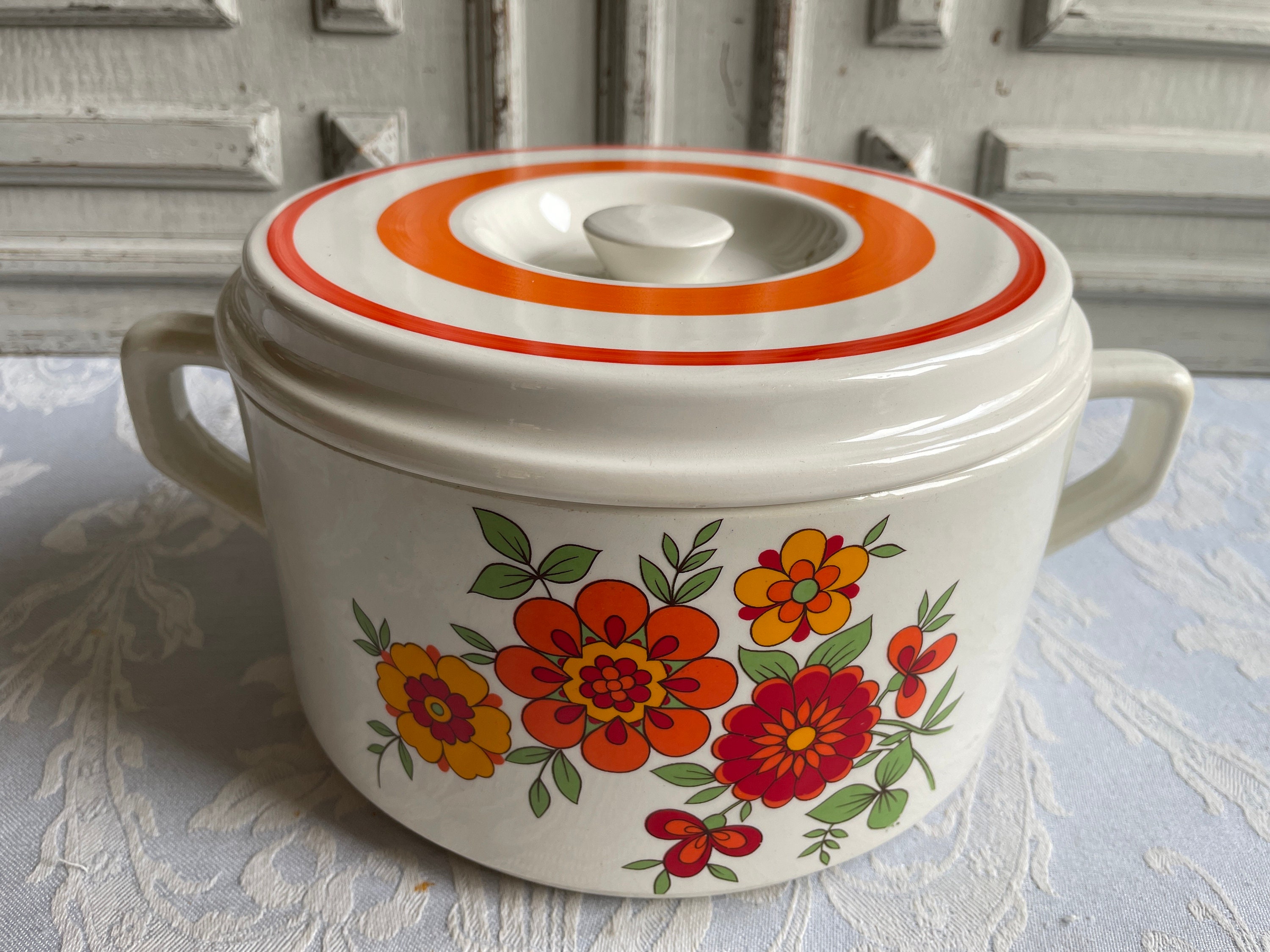 Français Casserole Vintage Orange/Rouge/Blanc Floral Céramique à Couvercle de Québec Rétro Des Année