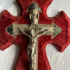 Antique French benitier Red velvet wall crucifix Holy water font Catholic memorabilia silver and pewter filigree work Lourdes 1900&#39;s