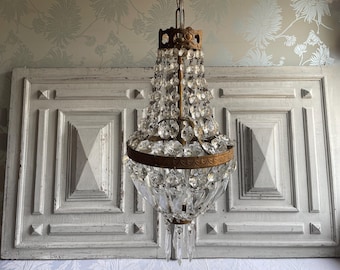 Antique crystal glass chandelier ceiling light Montgolfiere brass chandelier lamp, &quot;Hot air Balloon&quot; glass ceiling light original 1940&#39;s (J)