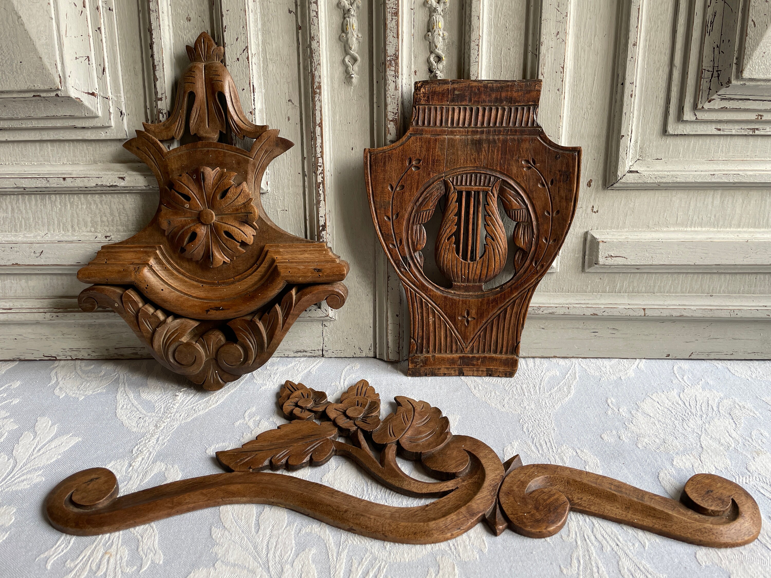 Antique Français Fronton en Bois de Fronton, Choisissez Cadre Porte Sculpté Grain Décoratif Architec